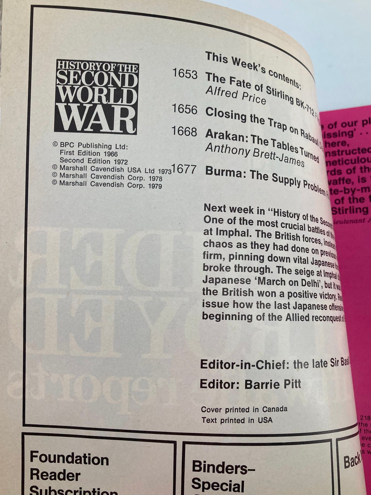 Inside page of 'VTG History of the Second World War Part 60 1979', displaying table of contents with articles and editorial credits related to WWII.