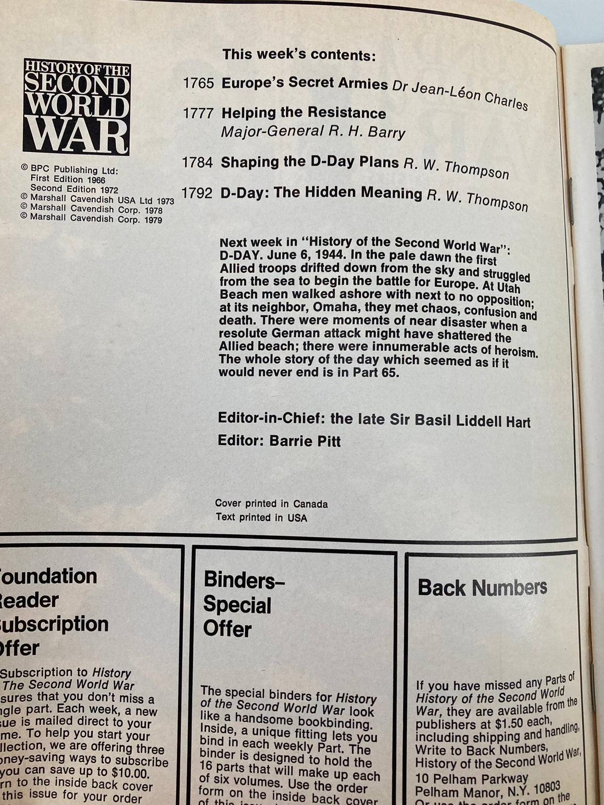 Contents page of VTG History of the Second World War Part 64, featuring articles like 'Europe's Secret Armies' and 'Shaping the D-Day Plans', with detailed list of topics covered.