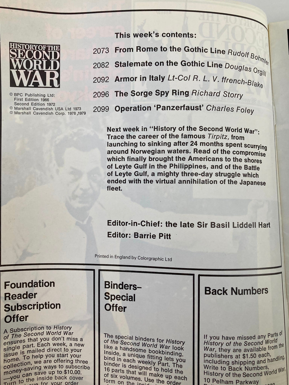 Contents page of the vintage magazine 'History of the Second World War Part 75', featuring articles on World War II, including 'The Sorge Spy Ring' by Richard Story and other significant topics from 1979.