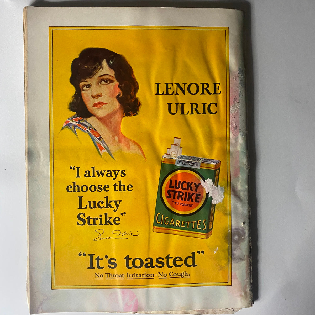 A vintage advertisement for Lucky Strike cigarettes featuring Lenore Ulric in The New Yorker Complete Magazine January 21, 1928.