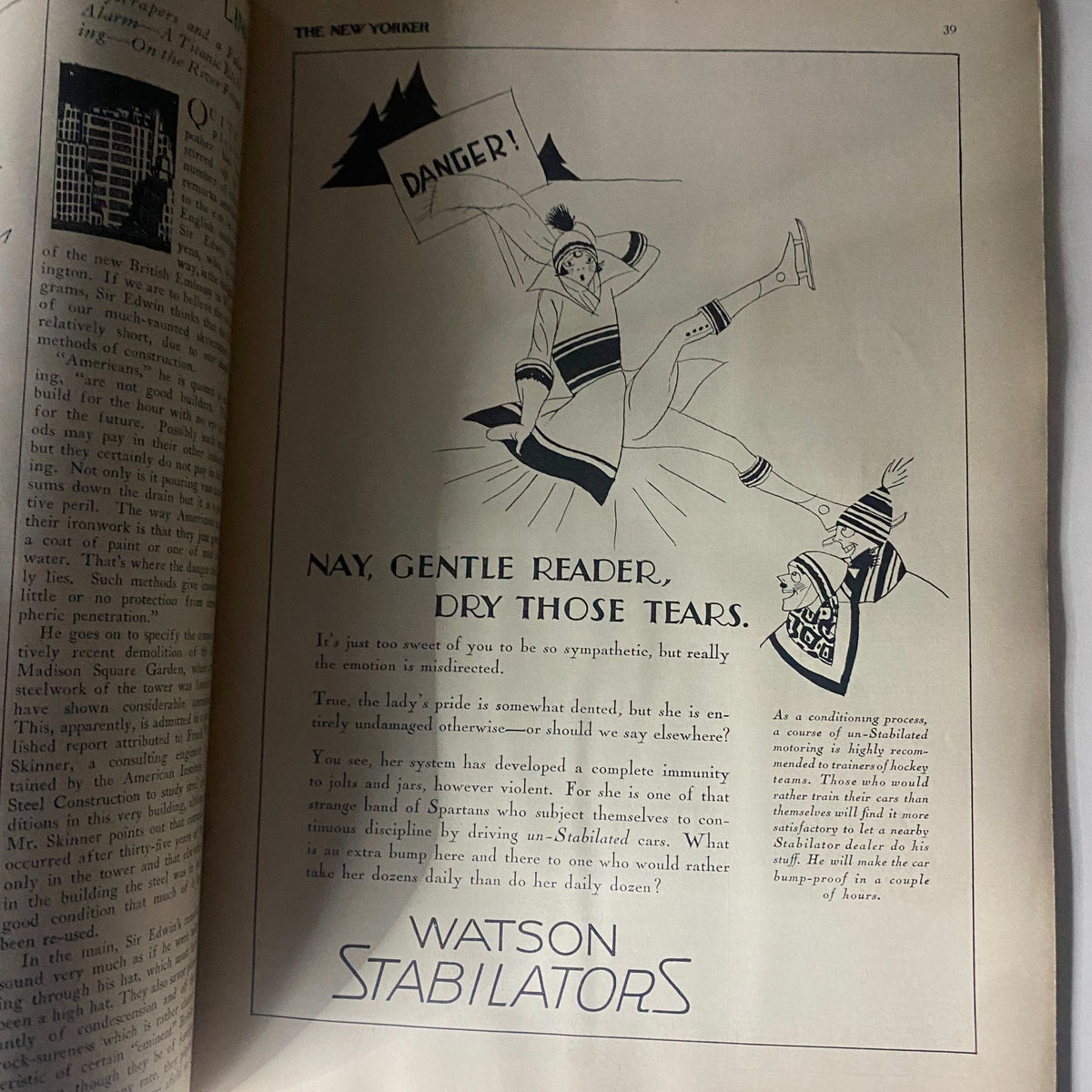 Illustration from The New Yorker Complete Magazine January 7, 1928, featuring a humorous advertisement for Watson Stabilators, highlighting the magazine's unique blend of satire and elegance.