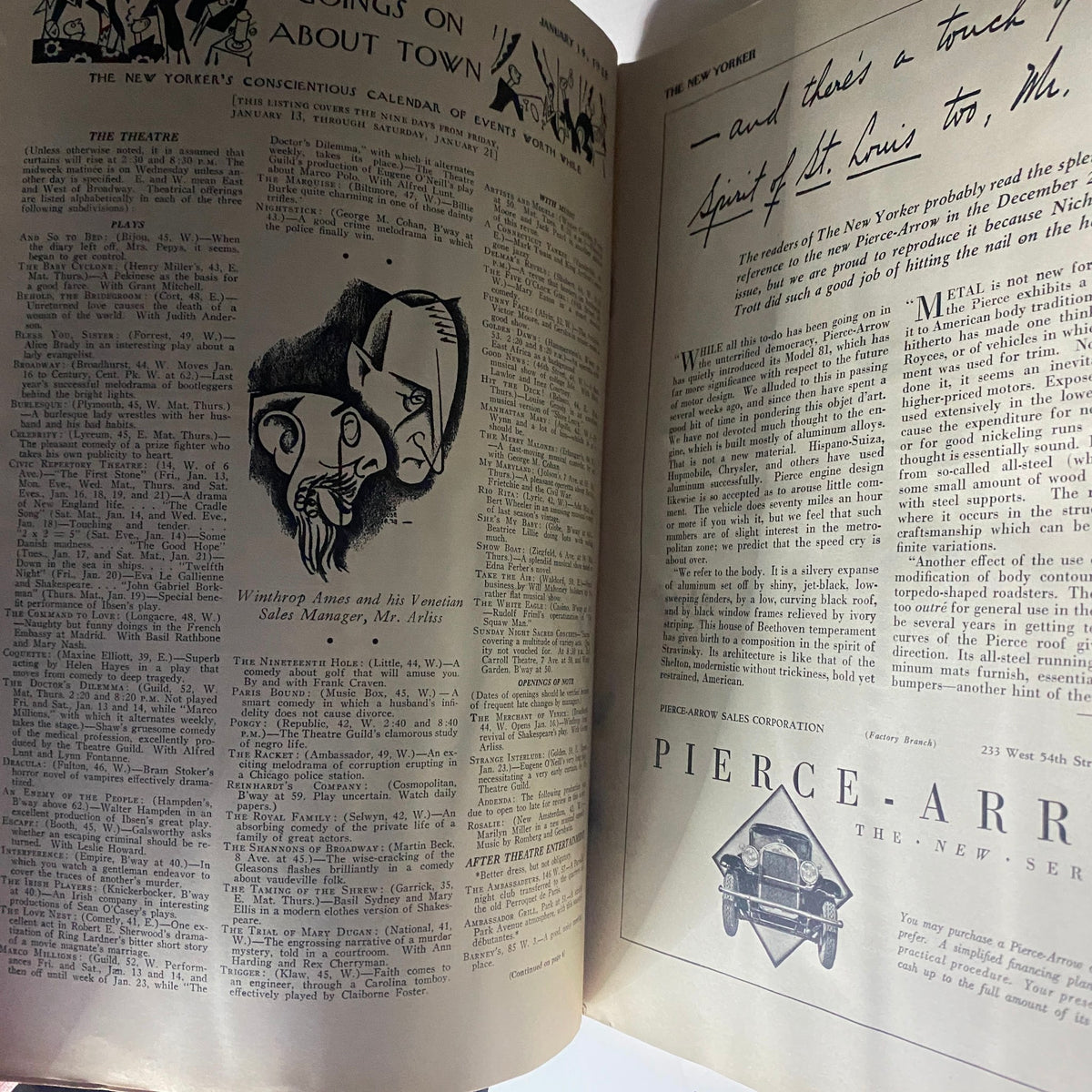 Interior page of The New Yorker Complete Magazine January 14, 1928 featuring a unique illustration and calendar of events.
