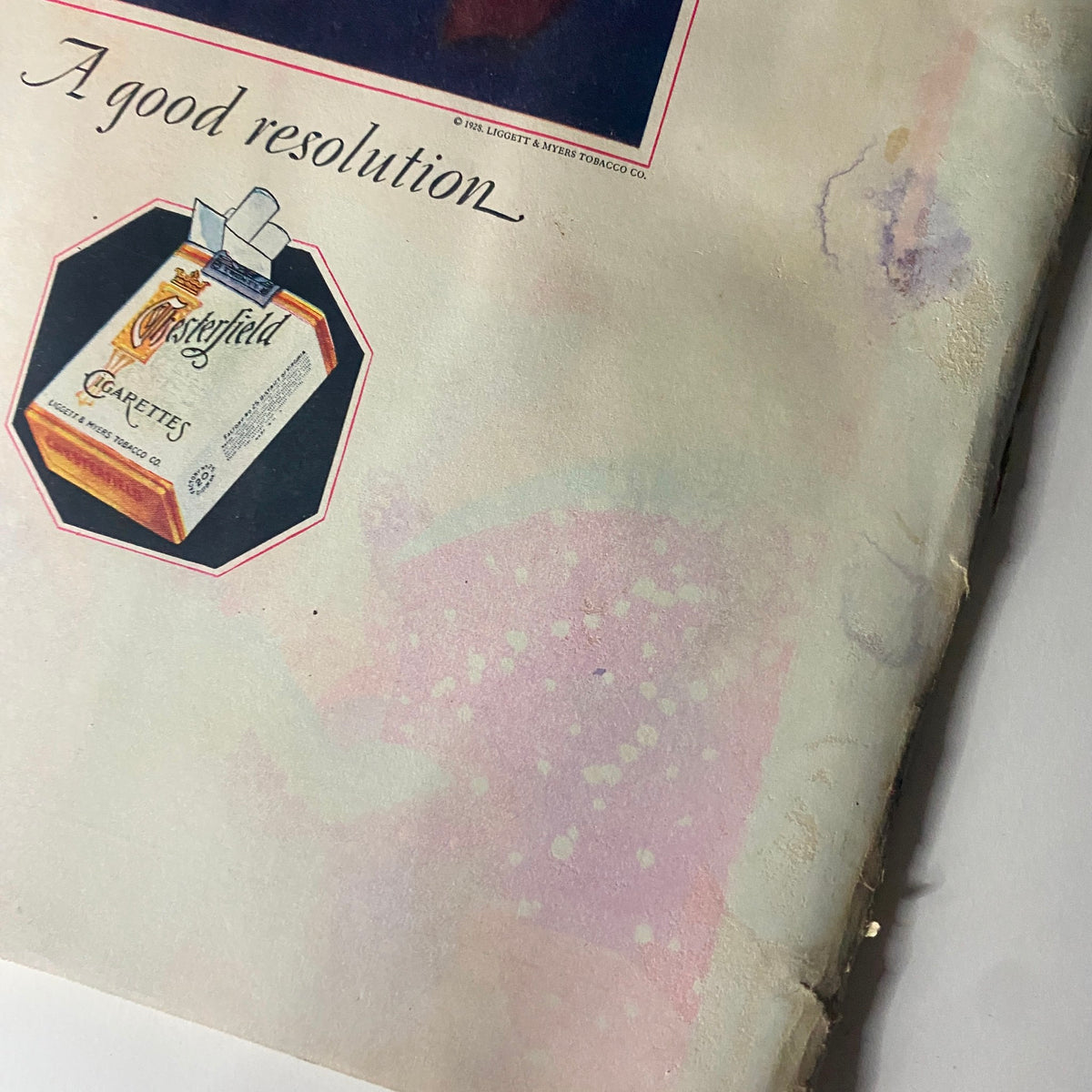 Detail of the cover page from The New Yorker Complete Magazine January 14, 1928 featuring an advertisement for Castlefield cigarettes with a vintage design.