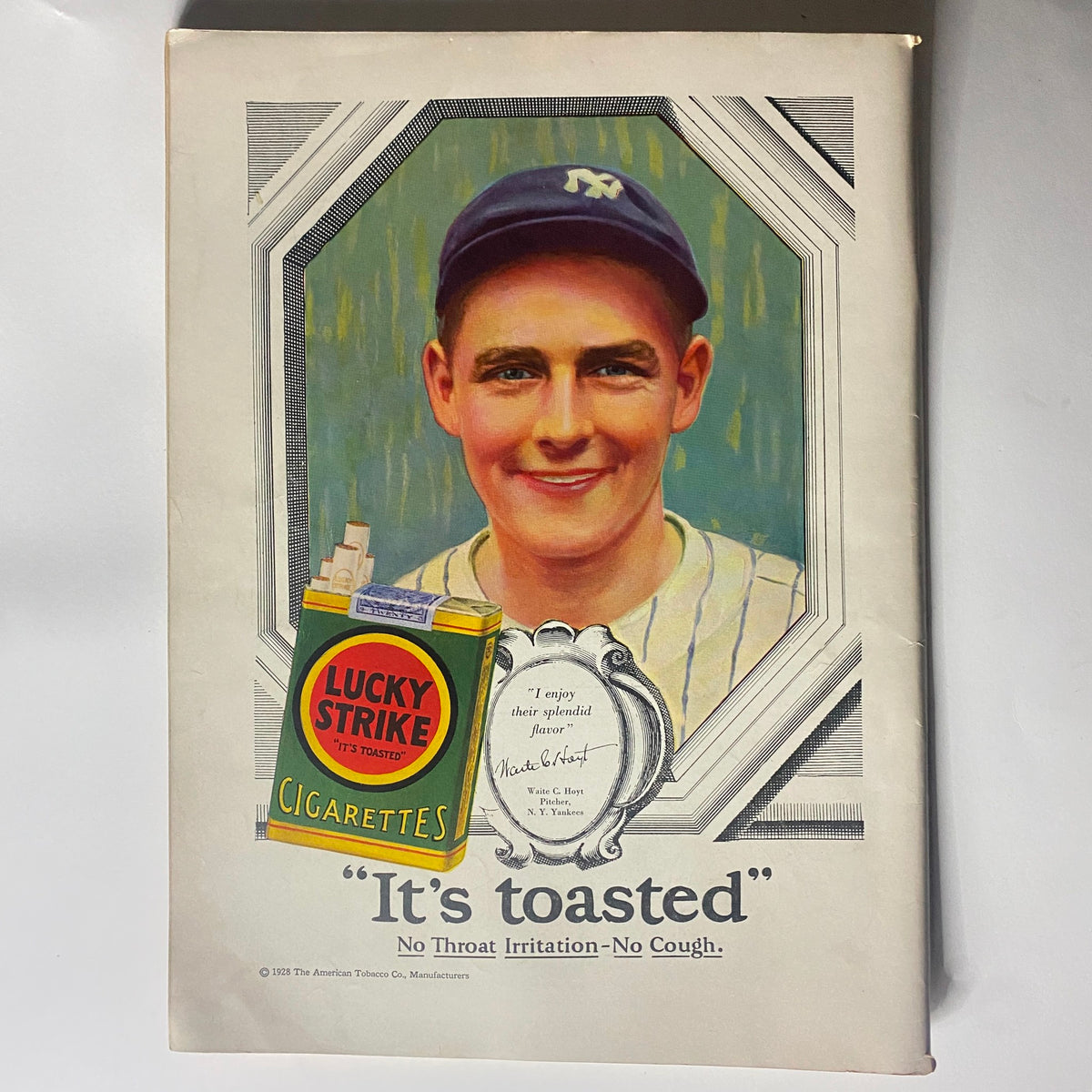 Artwork from The New Yorker November 10, 1928 depicting a young man in a baseball uniform alongside a Lucky Strike cigarette advertisement, emphasizing 1920s Americana and celebrity culture.