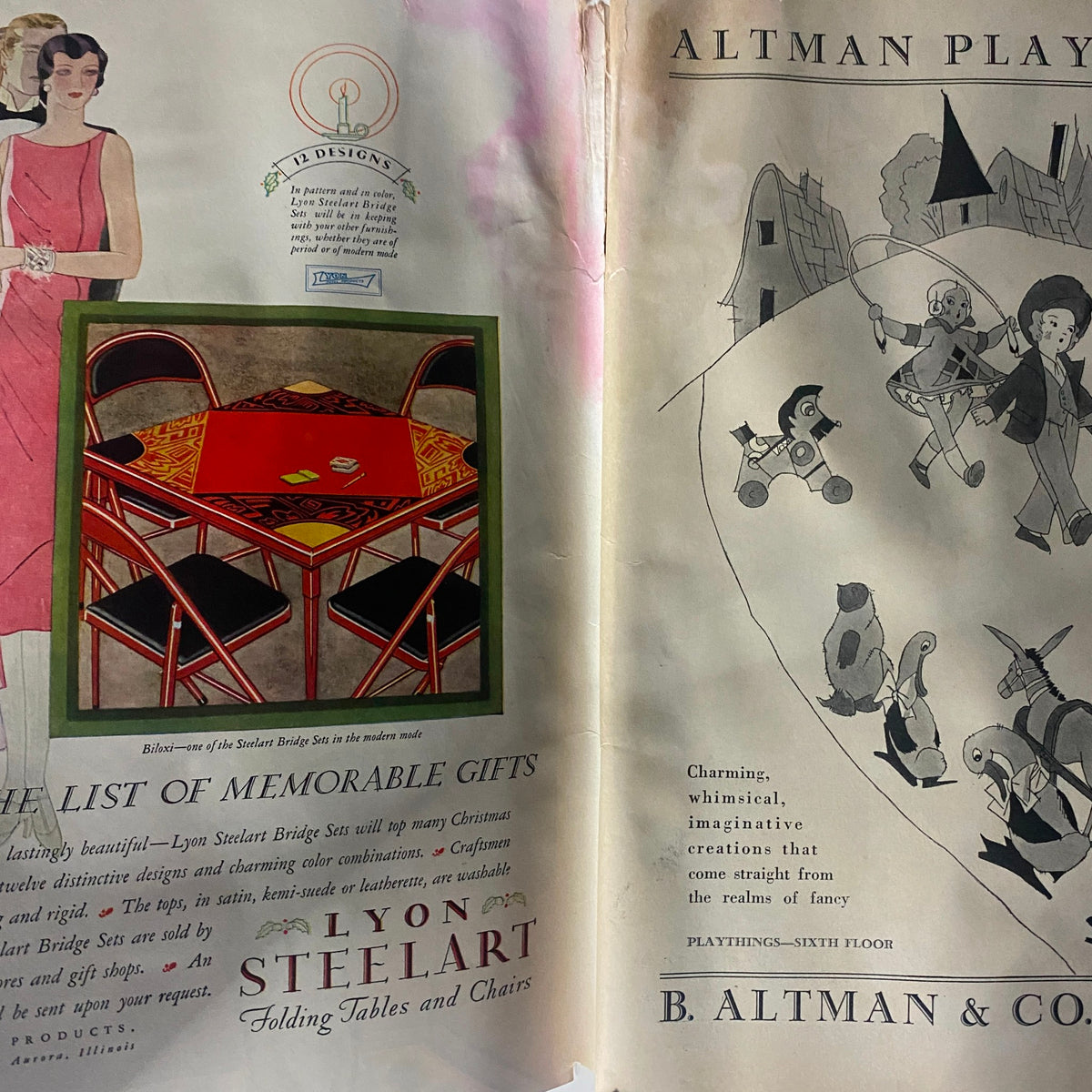 The New Yorker Complete Magazine December 8, 1928 Peter Arno Cover - Featuring an illustration of a beautifully designed red folding table and chairs by Lyon Steelart, highlighting holiday gift ideas.