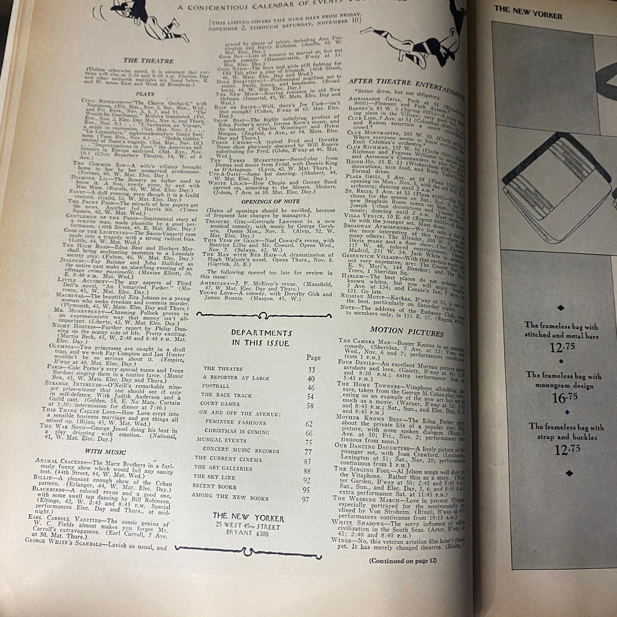 Interior pages of The New Yorker Magazine November 3, 1928 featuring various articles and a calendar of events.