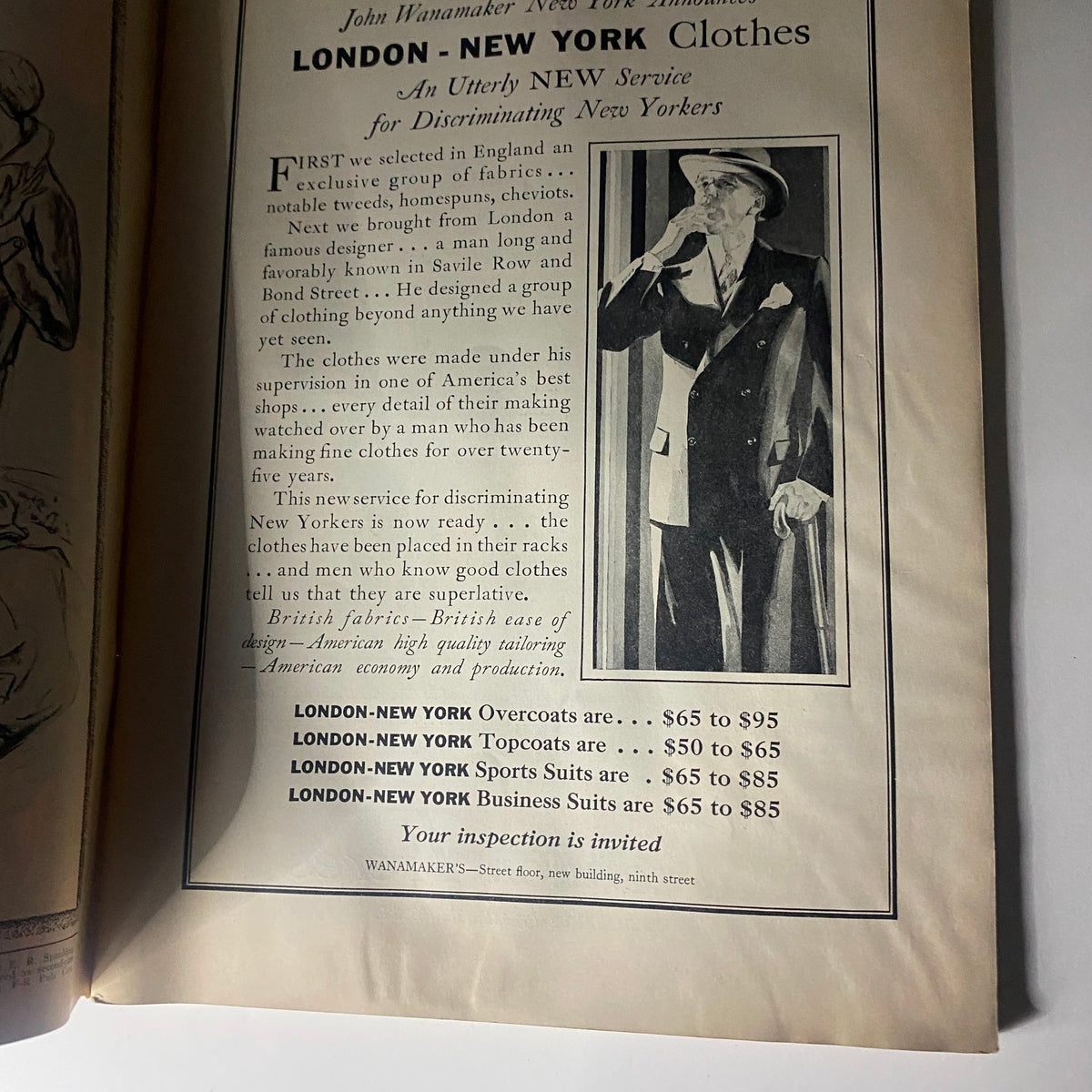 Vintage advertisement in The New Yorker magazine featuring London-New York Clothes service for discriminating New Yorkers, October 27, 1928.