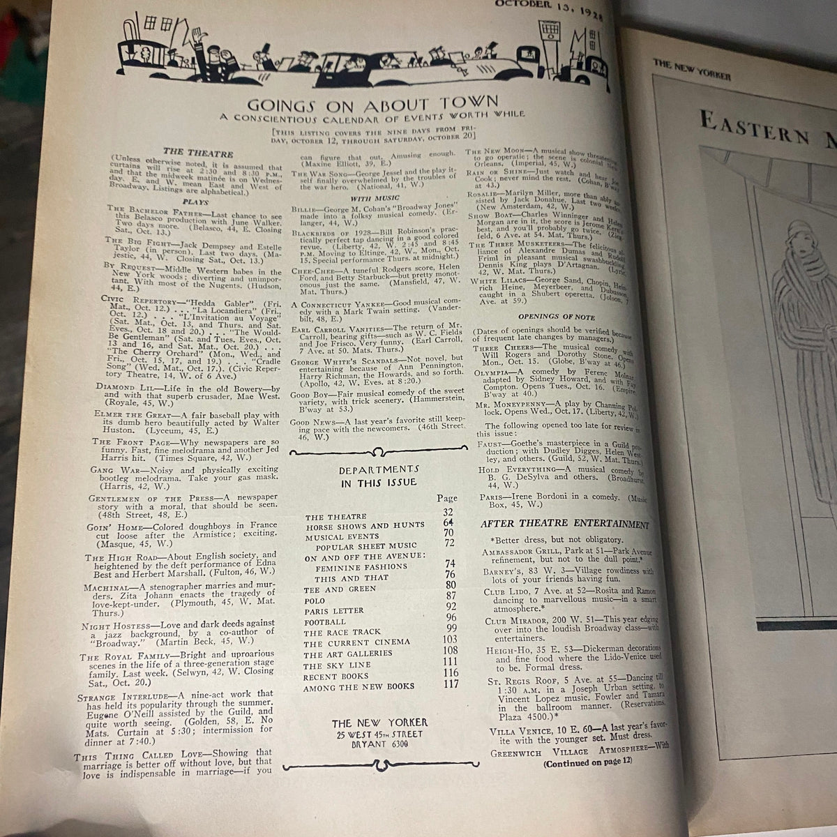 Inside page of The New Yorker magazine from October 13, 1928, featuring a list of events and theater activities, highlighting the vibrant cultural scene of the late 1920s.