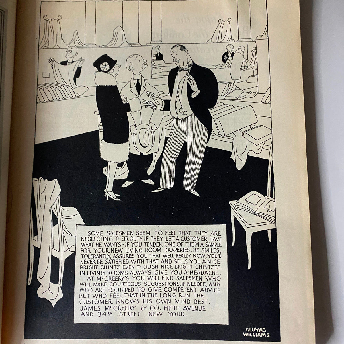 Illustration from The New Yorker Complete Magazine March 12, 1927 depicting a humorous sales scene by artist Gluyas Williams.