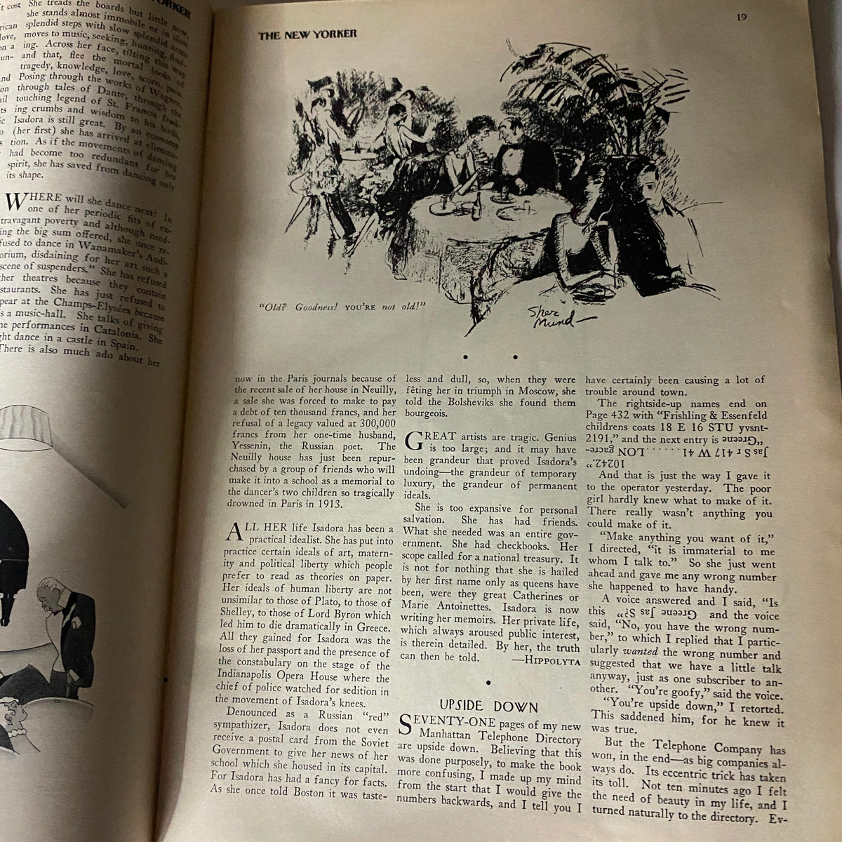 The New Yorker Complete Magazine January 1, 1927 interior page illustrating a humorous scene at a Parisian restaurant with the caption 'Oh! Goodness! We're not said!'.