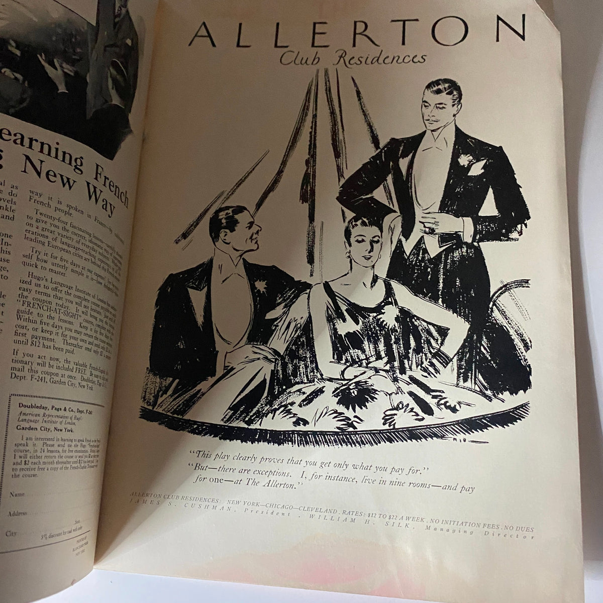 The New Yorker Complete Magazine January 1, 1927 interior page displaying an advertisement for Allerton Club Residences featuring elegantly dressed figures.