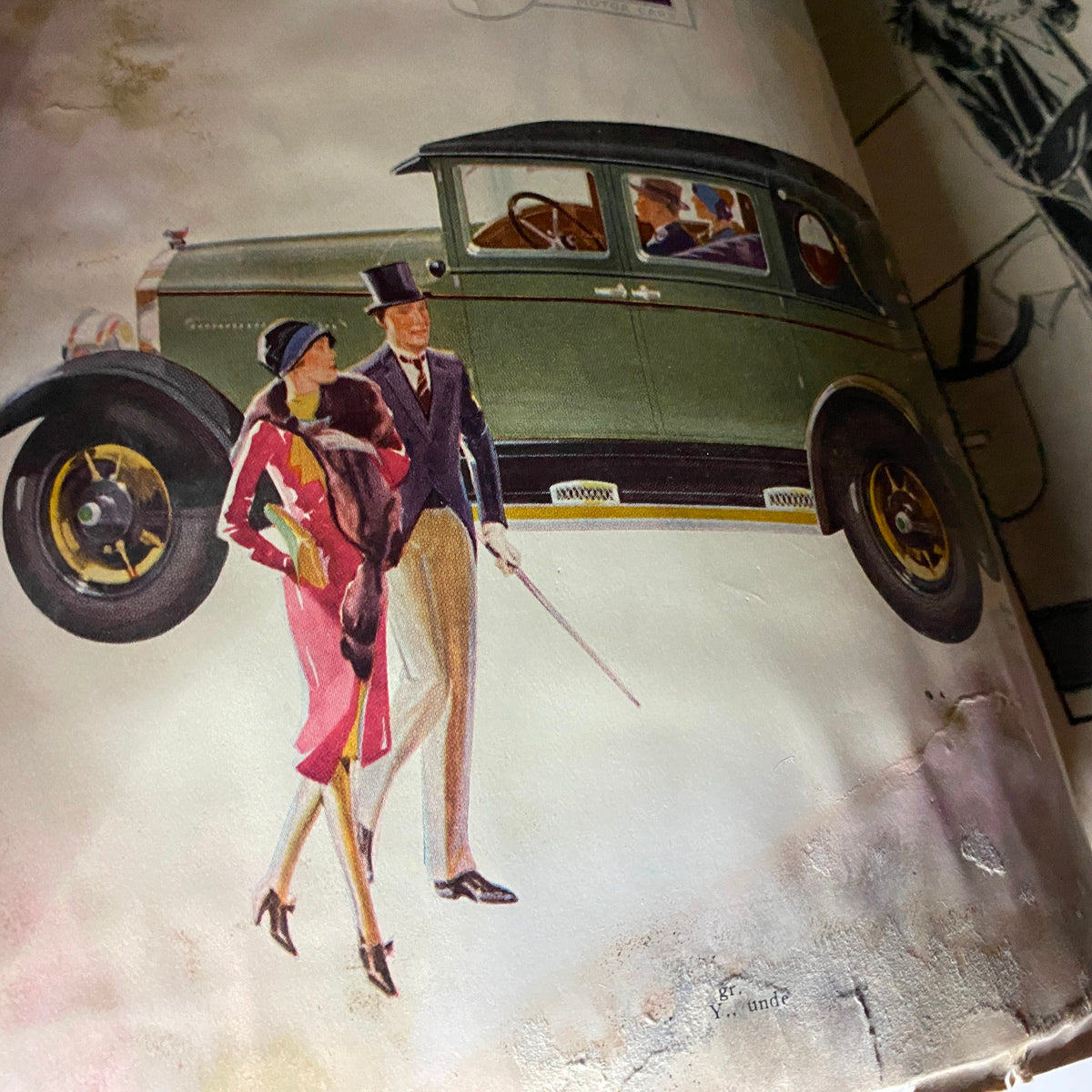 Illustration from The New Yorker Complete Magazine – April 9, 1927, showcasing a stylish couple next to a vintage car, exemplifying 1920s fashion.