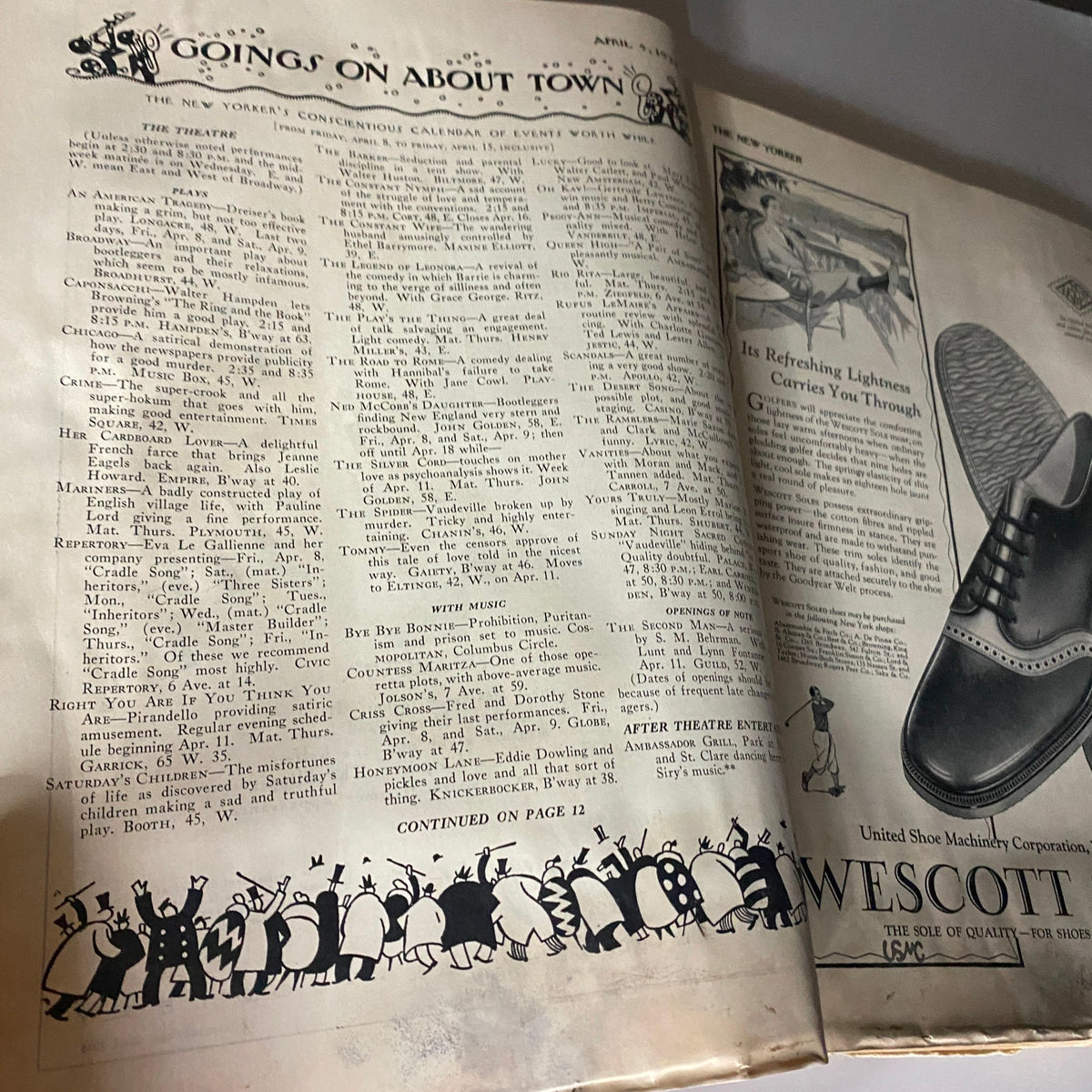 Inside page of The New Yorker Complete Magazine – April 9, 1927, featuring the Goings On About Town section with advertisements and event listings.