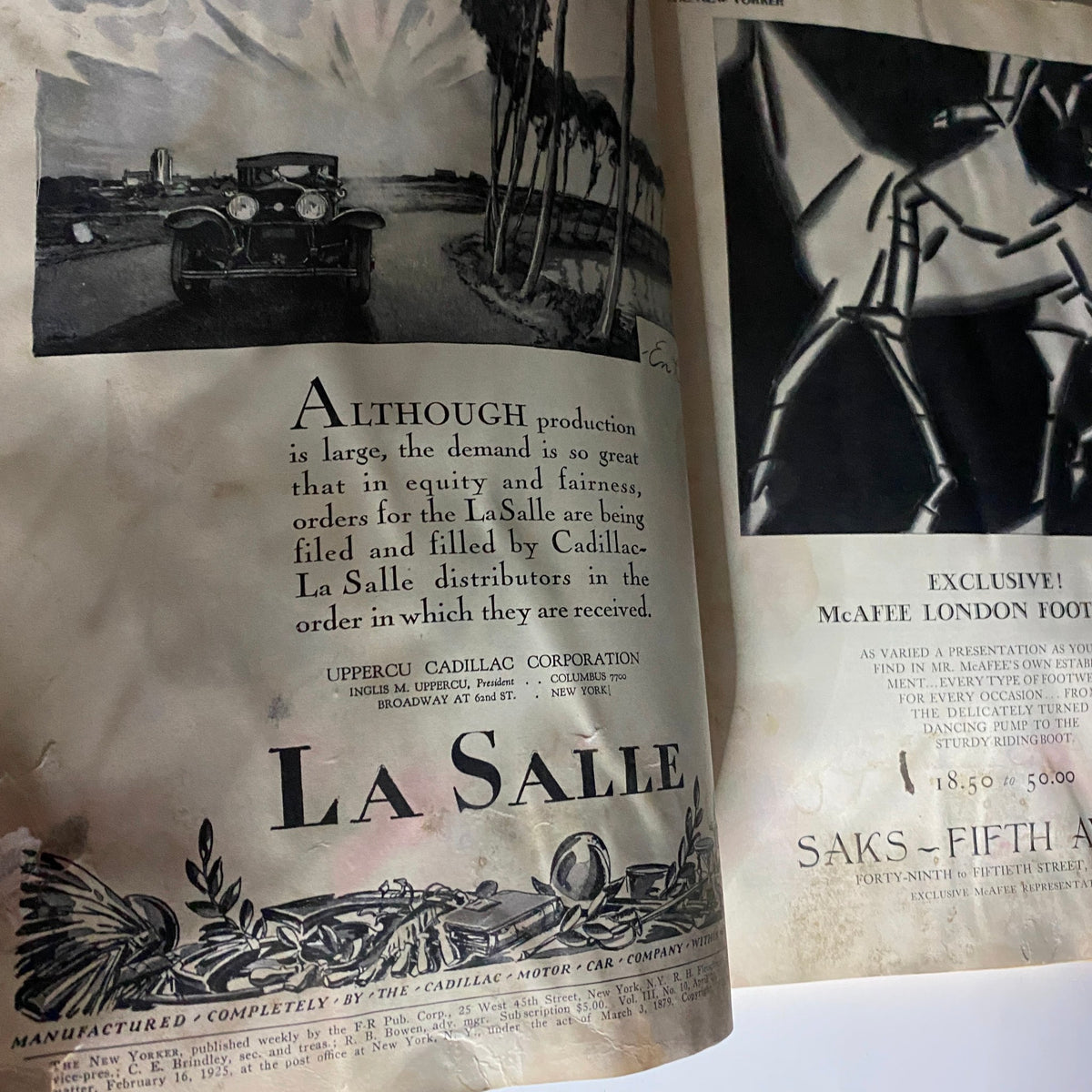 Vintage advertisement page from The New Yorker Complete Magazine April 23, 1927, showcasing a Cadillac La Salle car.