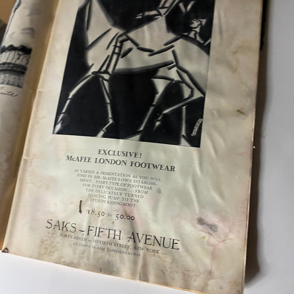 Exclusive footwear advertisement from The New Yorker Complete Magazine April 23, 1927, promoting McAffe London Footwear.