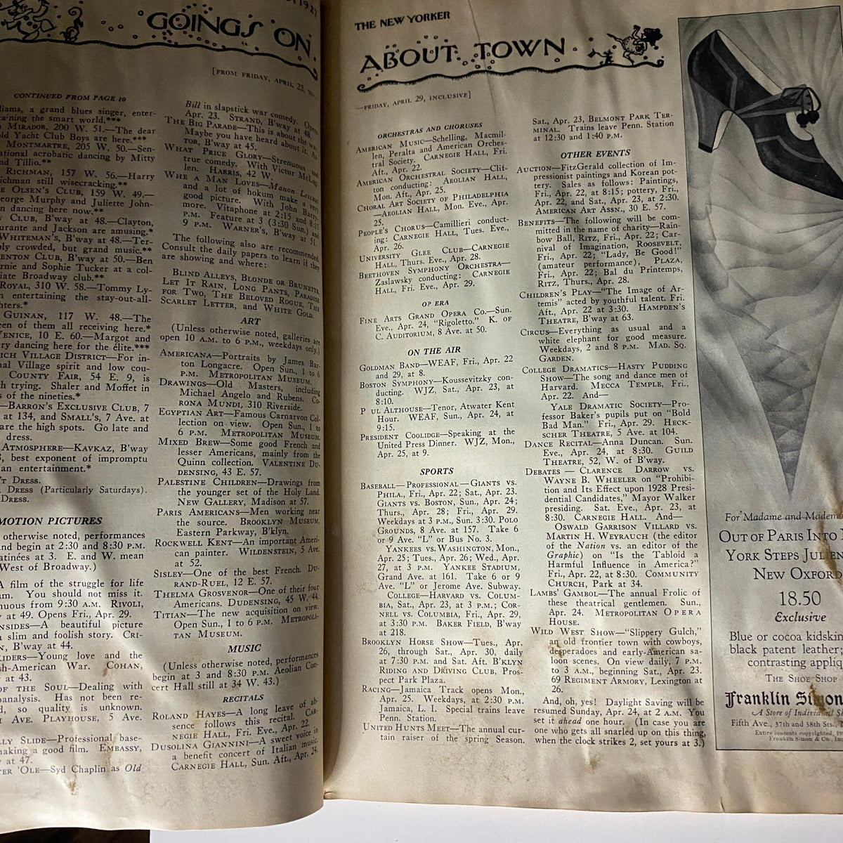Table of events page from The New Yorker Complete Magazine April 23, 1927, detailing cultural happenings in New York.