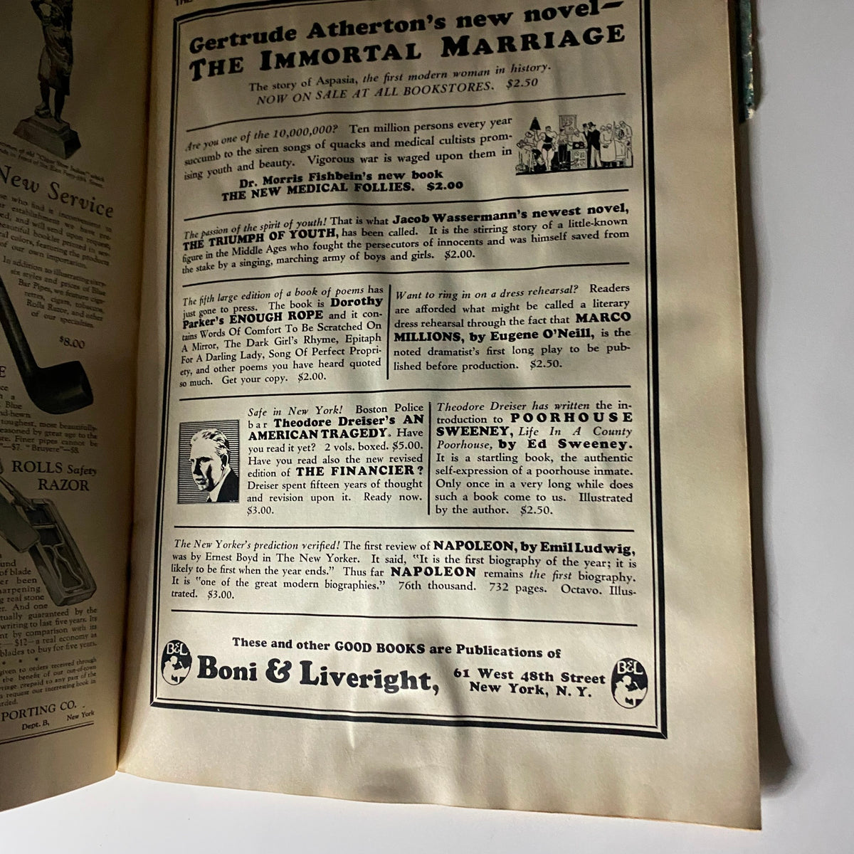 Interior advertisement page from The New Yorker Complete Magazine April 23, 1927 featuring Gertrude Atherton's new novel The Immortal Marriage.