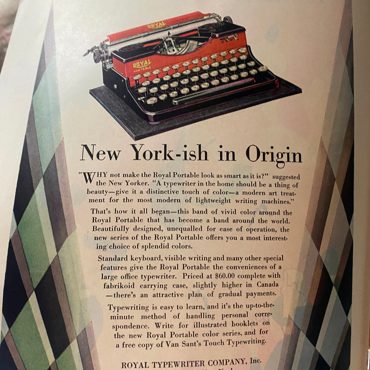 The New Yorker Magazine Cover October 15, 1927 featuring a vintage advertisement for the Royal Portable typewriter, emphasizing its stylish design and core functionalities.