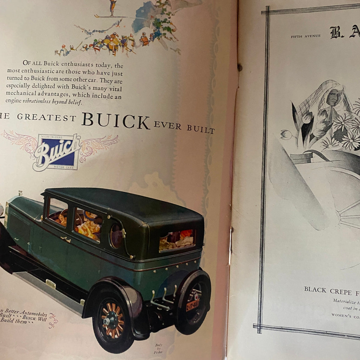 Vintage advertisement for Buick in The New Yorker February 12, 1927, showcasing a classic car with colorful graphics.