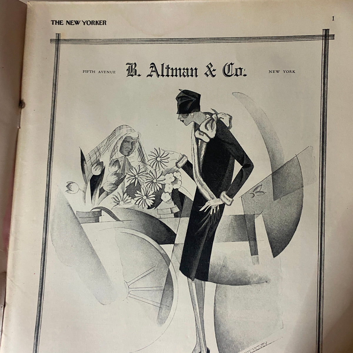 Elegant fashion illustration by B. Altman & Co. featured in The New Yorker February 12, 1927, highlighting 1920s fashion trends.