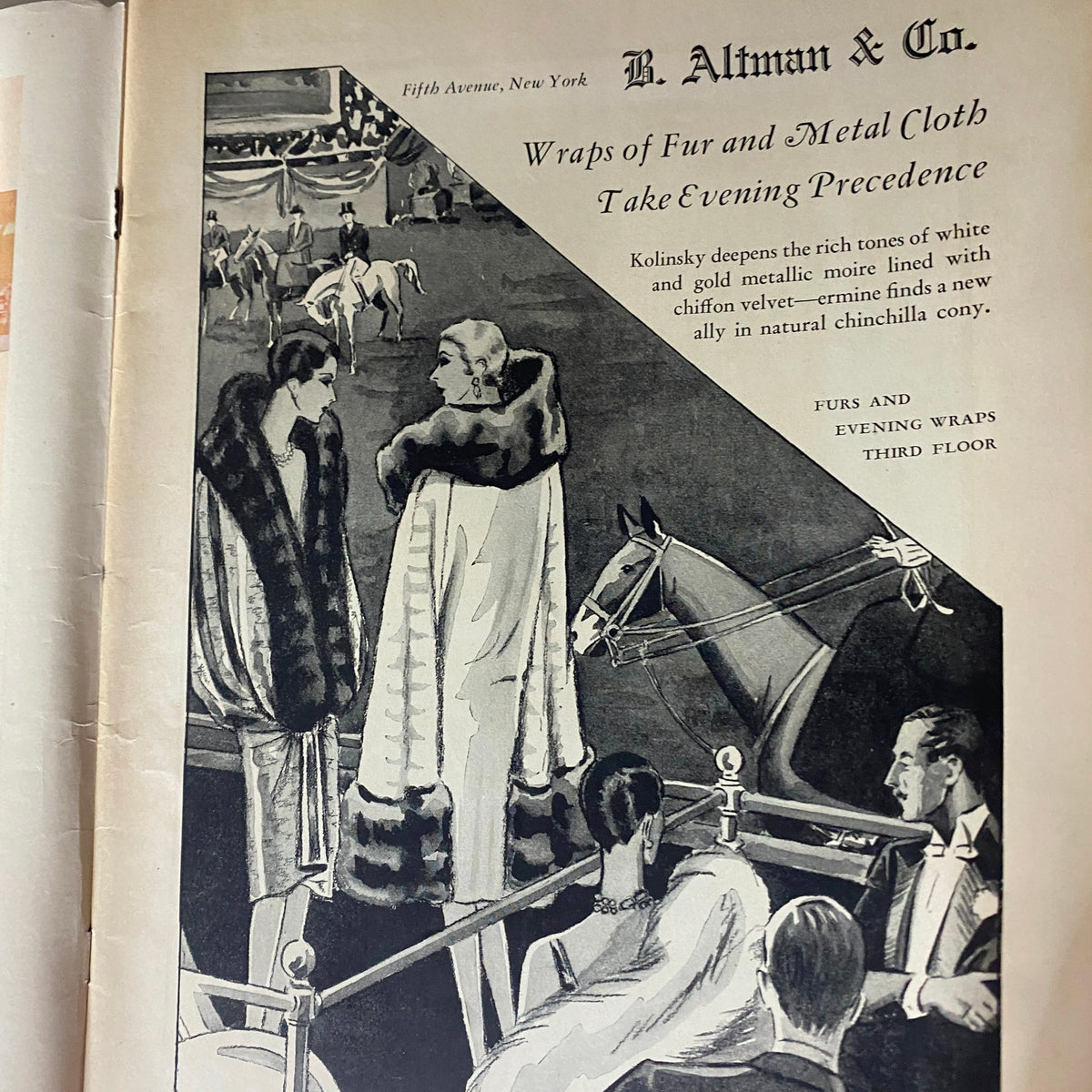 Advertisement for B. Altman & Co. featured in The New Yorker Complete Magazine November 5, 1927, highlighting evening wraps and fashion.