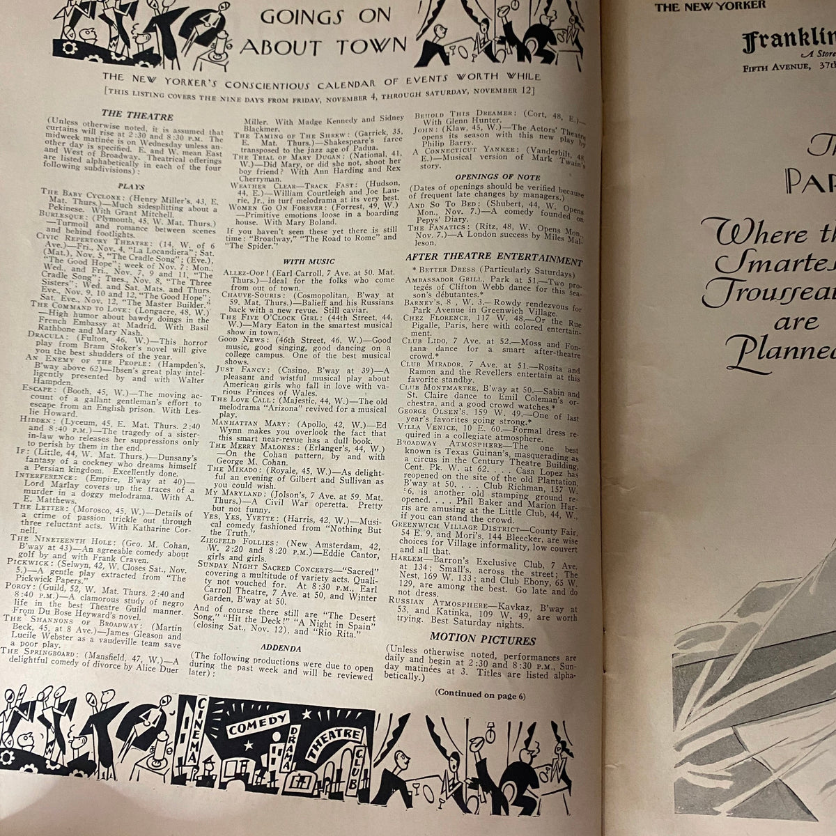 Events calendar page from The New Yorker Complete Magazine November 5, 1927, listing cultural happenings in New York.
