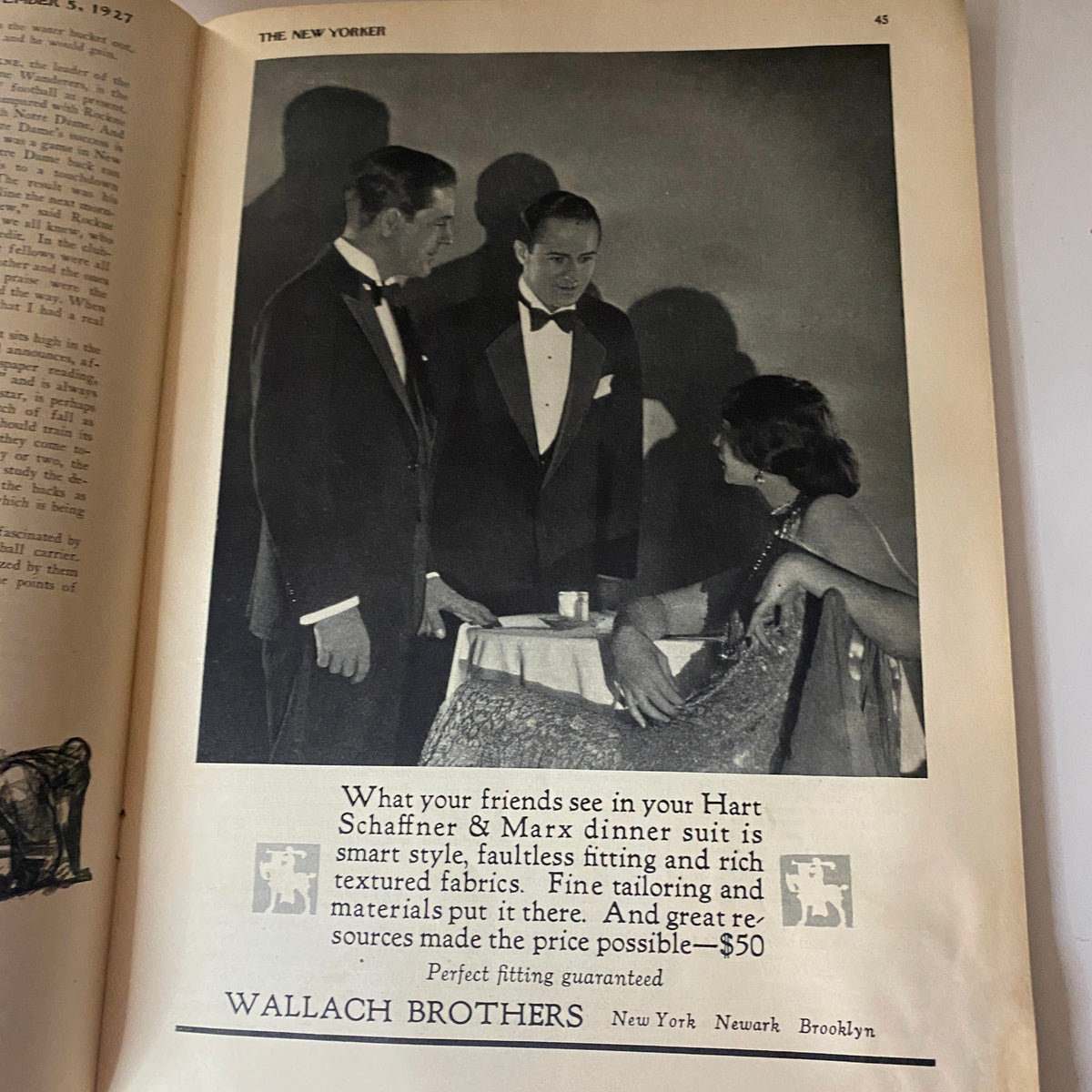Fashion advertisement featuring Wallach Brothers in The New Yorker Complete Magazine November 5, 1927, promoting dinner suits.