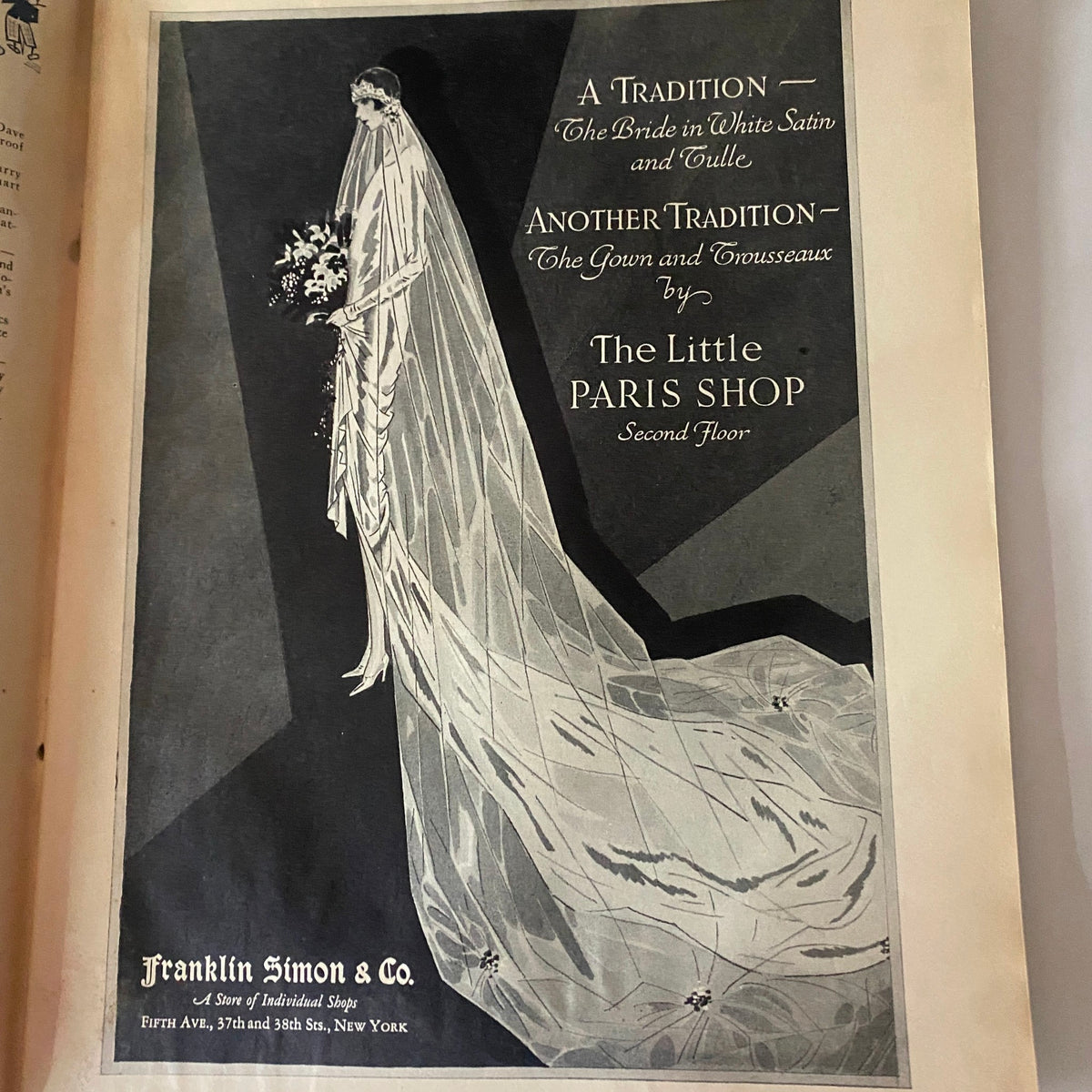 Advertisement page in The New Yorker Complete Magazine July 16, 1927, promoting bridal wear from The Little Paris Shop, adorned with elegant illustrations.