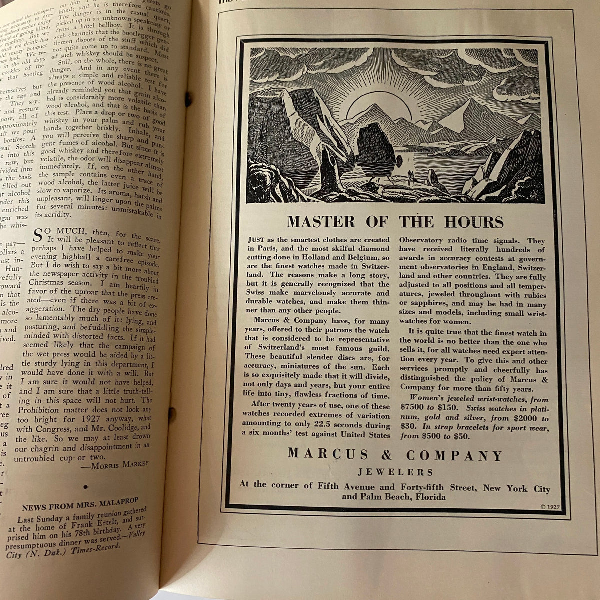 Advertisement in The New Yorker Complete Magazine January 15, 1927 for Marcus & Company jewelers featuring 'Master of the Hours' theme.