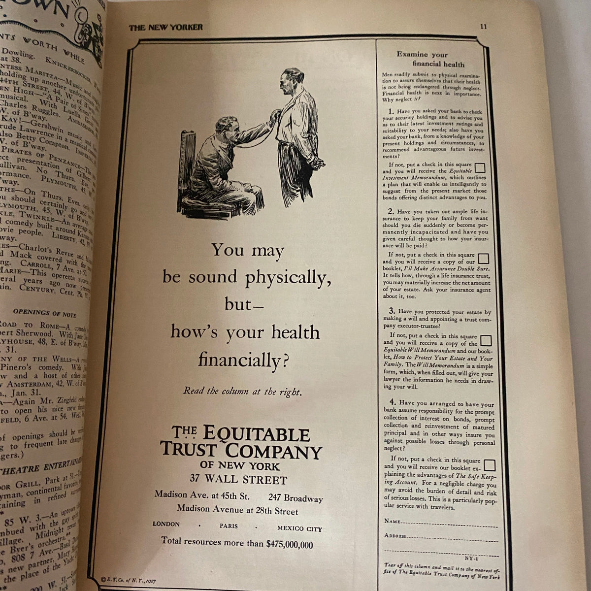 Advertisement from The New Yorker magazine January 29, 1927, for The Equitable Trust Company, discussing financial health.
