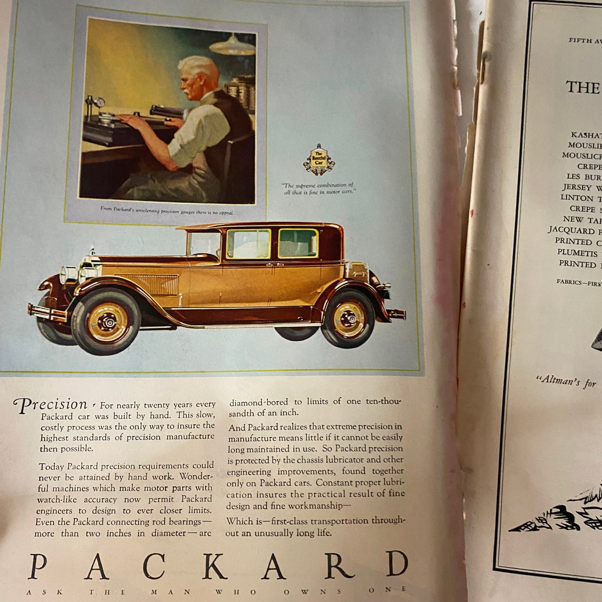 Advertisement for Packard precision vehicles in The New Yorker magazine January 29, 1927, highlighting the luxury and craftsmanship of Packard cars.