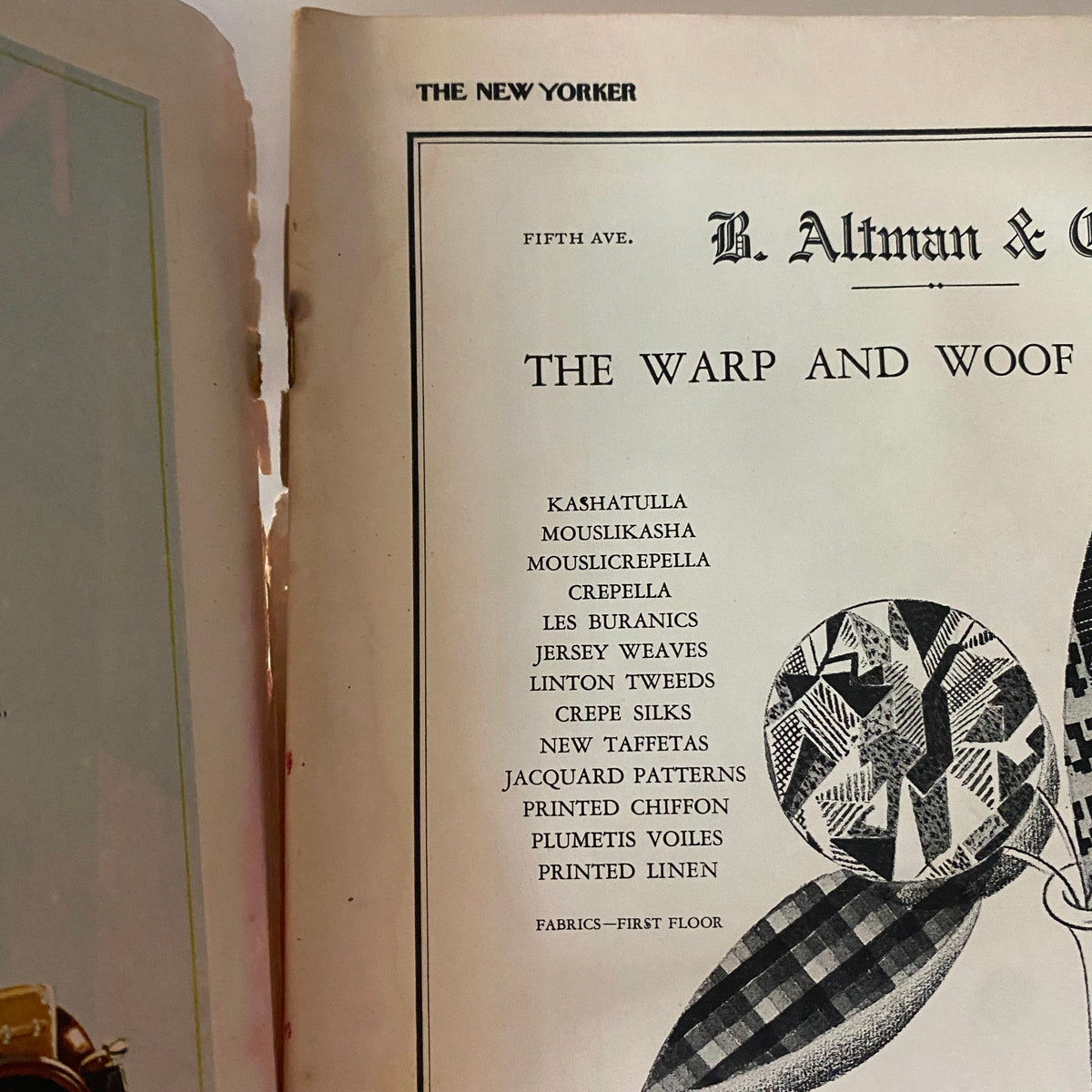 Interior page of The New Yorker magazine January 29, 1927, displaying fabric patterns and options from B. Altman & Co., an advertisement for textiles.