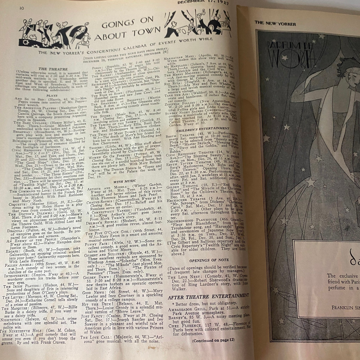 Another interior page from The New Yorker Complete Magazine December 17, 1927, presenting the 'Goings On About Town' section with event listings and an elegant design.