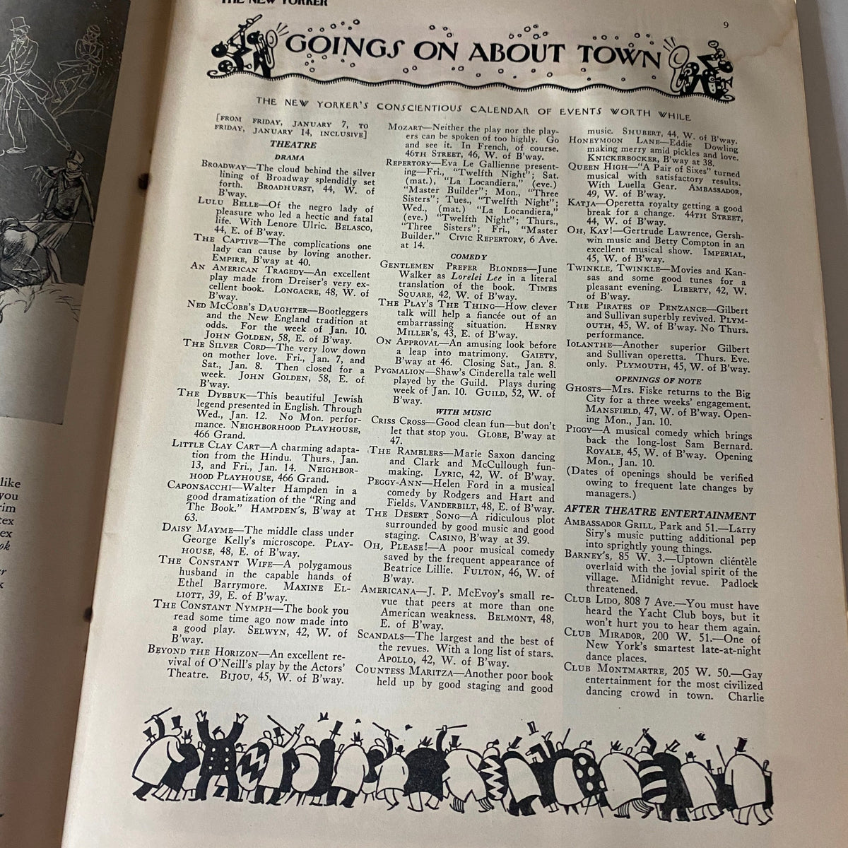 The New Yorker Complete Magazine January 8, 1927 Ilonka Karasz Cover page displaying the 'Goings on About Town' calendar of events.
