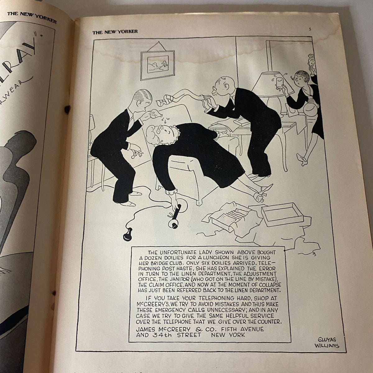 The New Yorker Complete Magazine January 8, 1927 Ilonka Karasz Cover page featuring a humorous illustration by Gluyas Williams related to telephone communication.