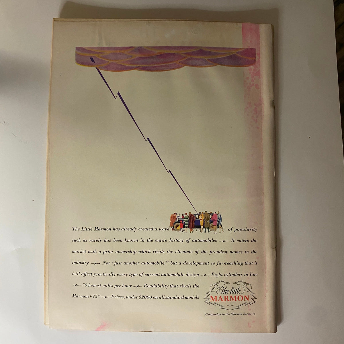 The New Yorker Complete Magazine January 8, 1927 Ilonka Karasz Cover page with an advertisement for Marmon automobiles displaying the popularity and market trends.