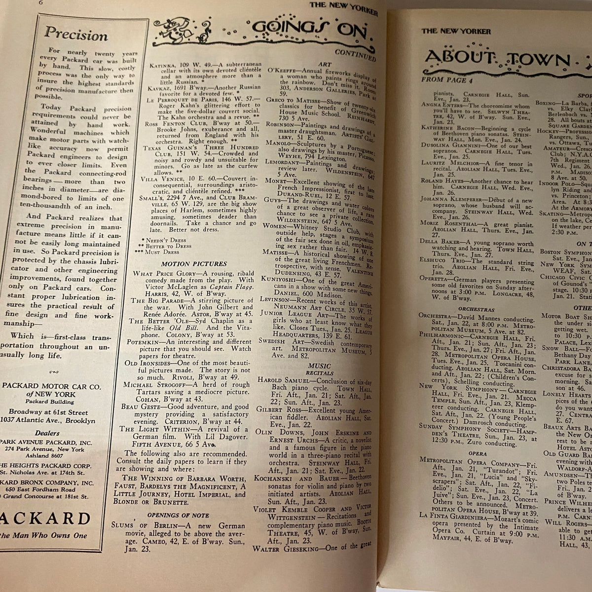 Interior pages of The New Yorker Complete Magazine January 22, 1927 featuring 'Goings On' and 'About Town' sections, showcasing listings and articles characteristic of the 1920s New York.