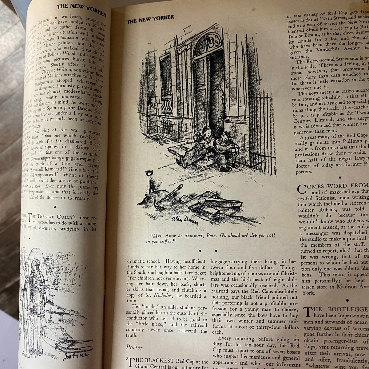 Illustrated article in The New Yorker Complete Magazine January 22, 1927, depicting a humorous scene with characters in front of a doorway, representing the unique artistry and storytelling of the era.