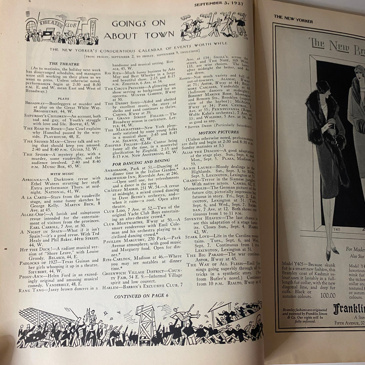 The New Yorker Complete Magazine September 3, 1927, showcasing the 'Goings On About Town' calendar of events, featuring listings for theater, dancing, and dining options.