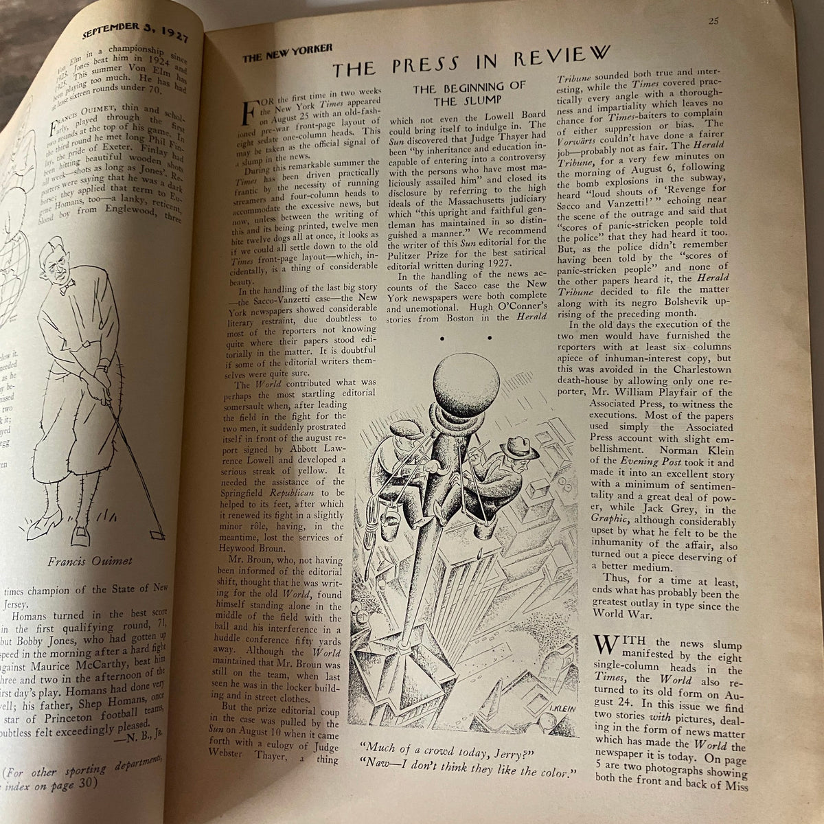 Interior page of The New Yorker Complete Magazine September 3, 1927 featuring an article titled 'The Press in Review' with an illustrated detail of a figure, showcasing early 20th-century journalism.