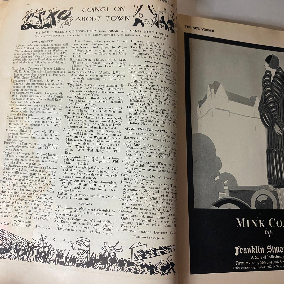 Inside page of The New Yorker Complete Magazine October 8, 1927, featuring the 'Goings On About Town' section and cultural events calendar.
