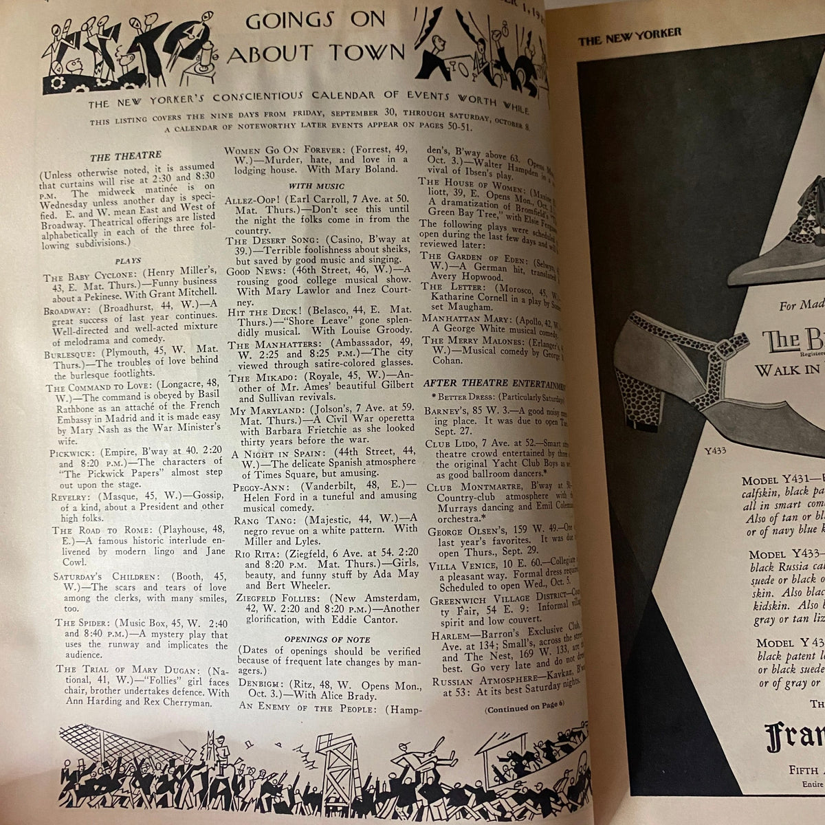 Page from The New Yorker Complete Magazine October 1, 1927 displaying a calendar of events under the section 'Goings On About Town', showcasing the magazine's cultural relevance.