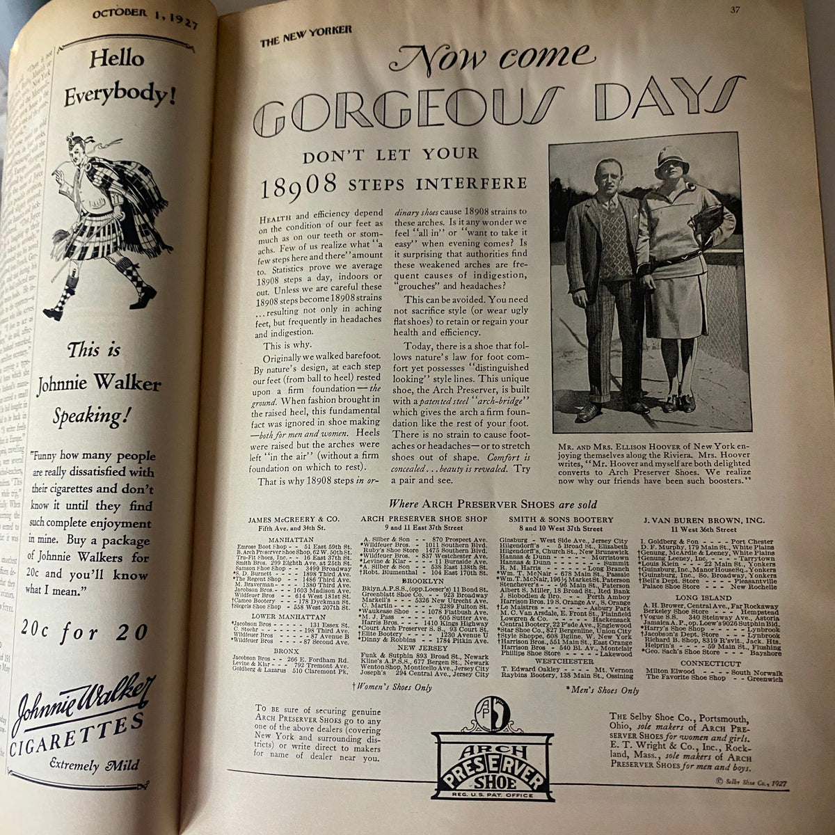 Advertisement page from The New Yorker Complete Magazine October 1, 1927, featuring Johnnie Walker Cigarettes, reflecting the advertising trends of the time.