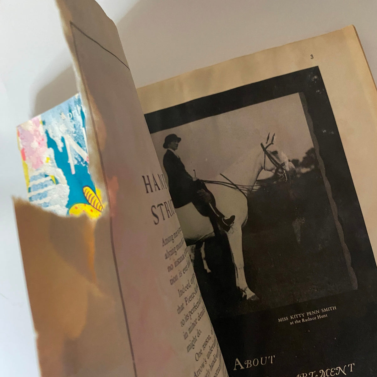 Inside page of The New Yorker Complete Magazine – April 16, 1927 showcasing a photograph of Miss Kitty Penn Smith on a horse, emphasizing the magazine's vintage charm.