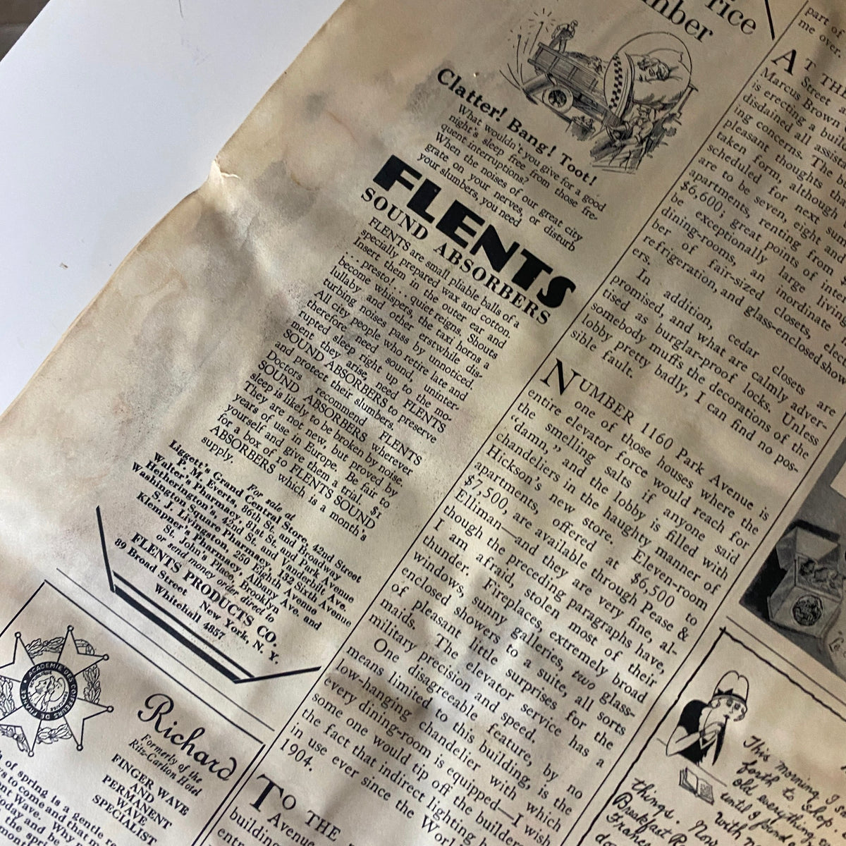 Advertisement for Flents Sound Absorbers in The New Yorker Complete Magazine – April 16, 1927 Ilonka Karasz Cover, highlighting historical advertising design.