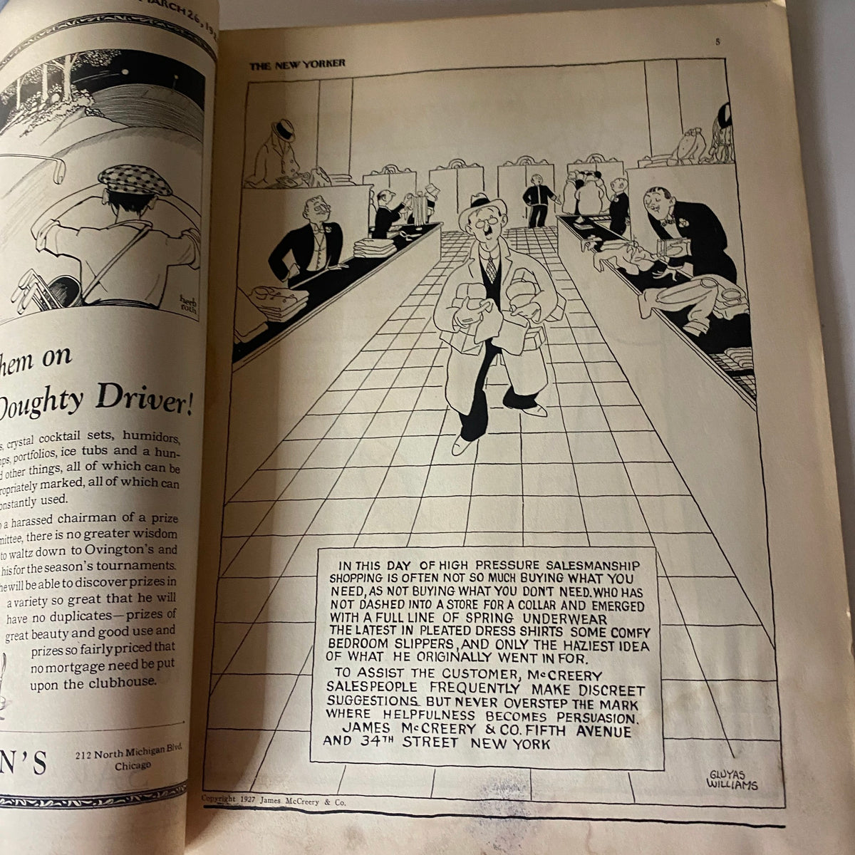 Cartoon illustration from The New Yorker Complete Magazine March 26, 1927 showing a humorous scene in a restaurant, depicting the challenges of high-pressure salesmanship.