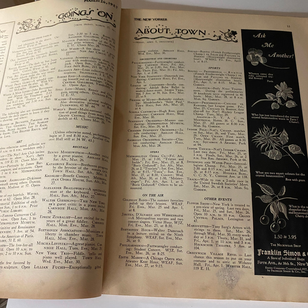 Contents page from The New Yorker Complete Magazine March 26, 1927 featuring listings for various events, music, and cultural happenings of the time.