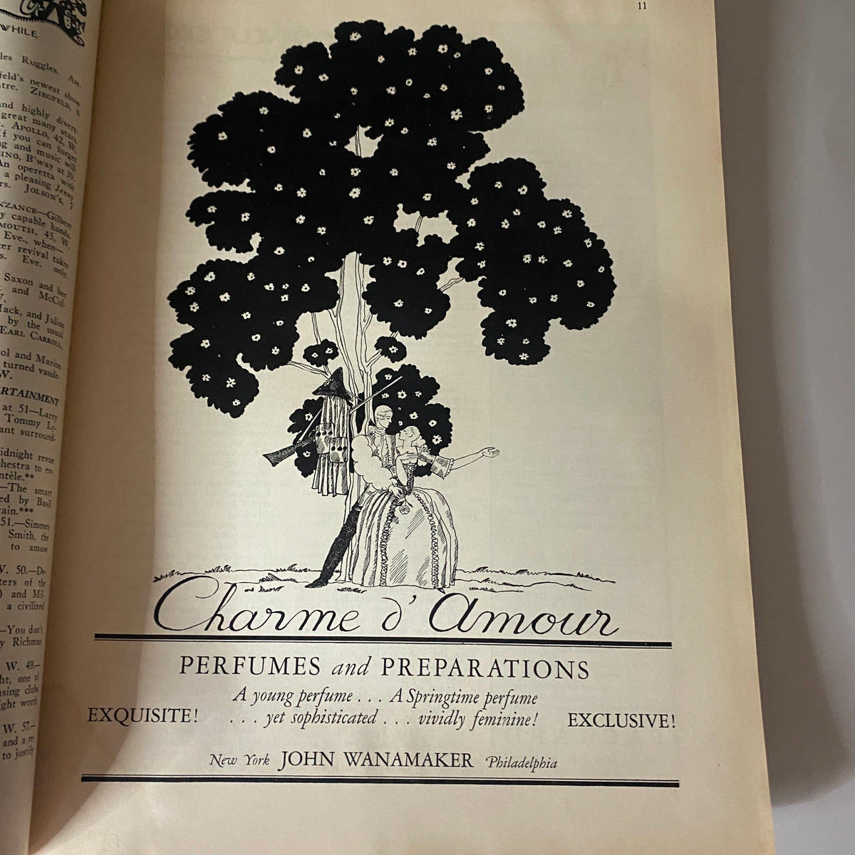 Advertisement from The New Yorker Complete Magazine March 5, 1927 for 'Charme d'Amour' perfumes, featuring elegant artistic design.