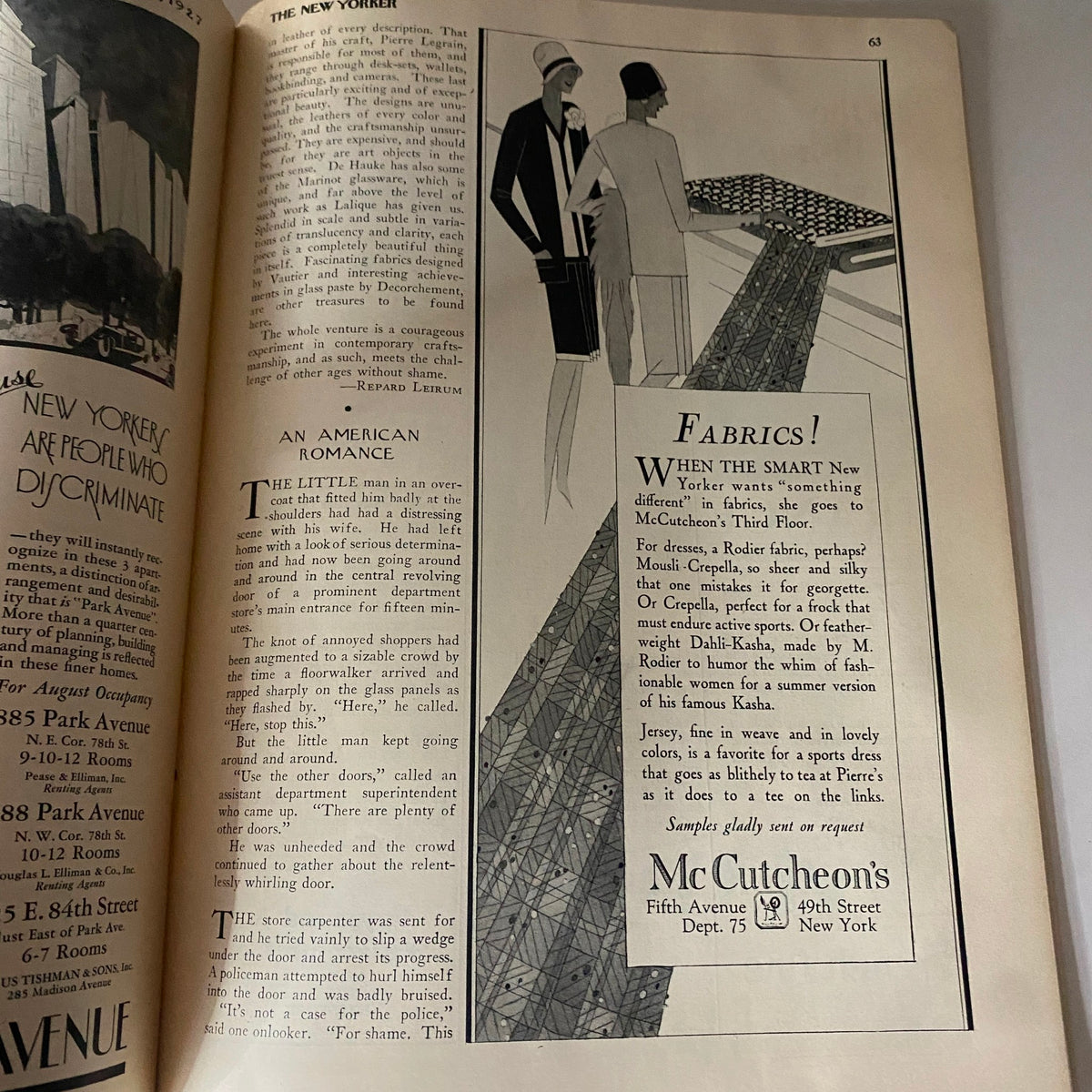 Illustrated advertisement from The New Yorker Complete Magazine March 5, 1927 showcasing McCutcheon's fabric store with a stylish design.