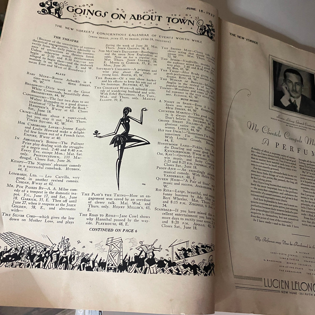 Inside page of The New Yorker magazine showcasing the 'Goings On About Town' calendar, June 18, 1927 edition by Peter Arno.